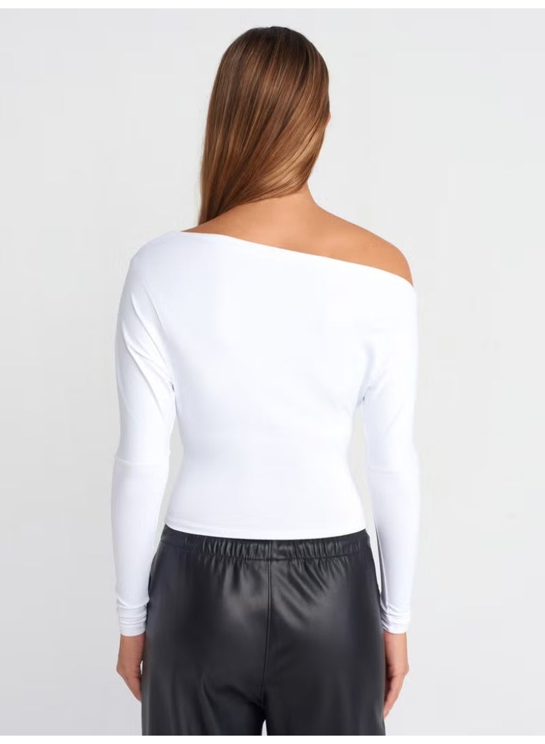 Dilvin 31438 Long Sleeve Asymmetric Blouse-White - Image 3